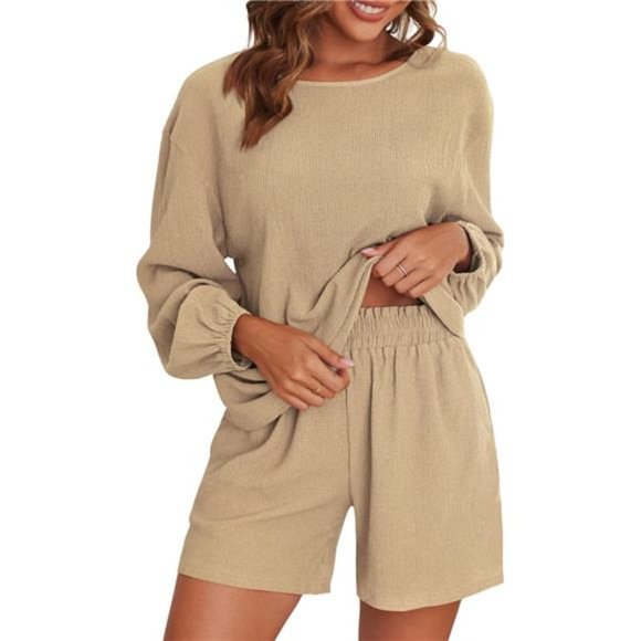 2 Piece Outfits Women's Off Shoulder Pajama Set Apricot - Picture 1 of 4